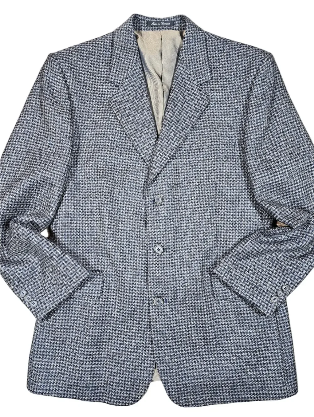 Vintage J Riggings 100% Wool Tweed Blue Tan Houndstooth Sport Coat Blazer 42R